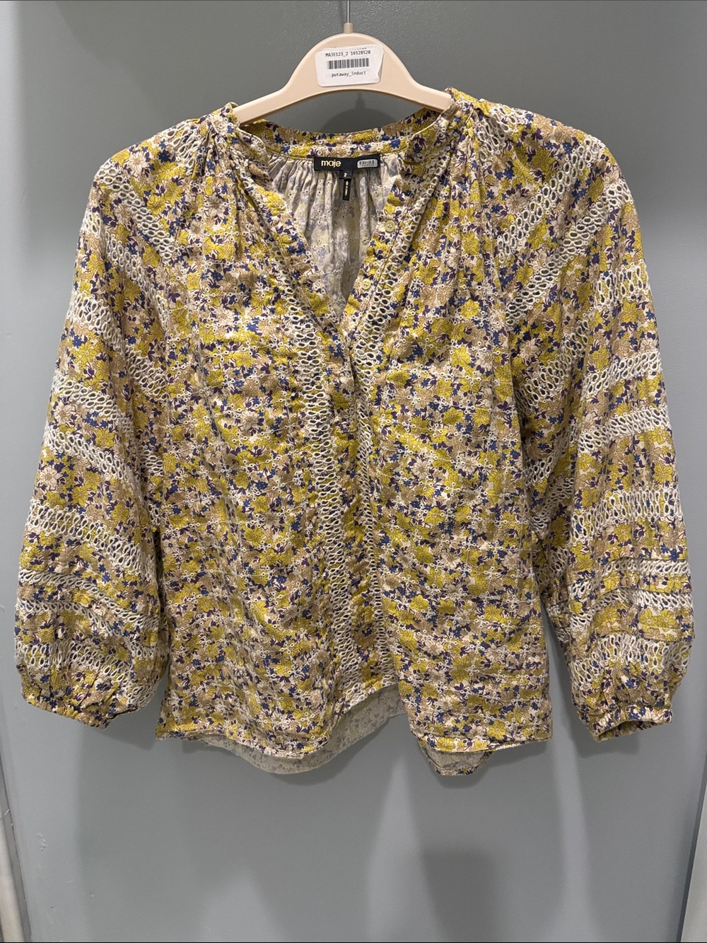 Maje Yellow Floral Lace-Trim Peasant Blouse